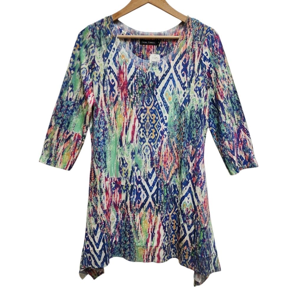 Casual Express Tunic Top Women S Multicolor Aztec Mesh Trim Boho Stretch Soft